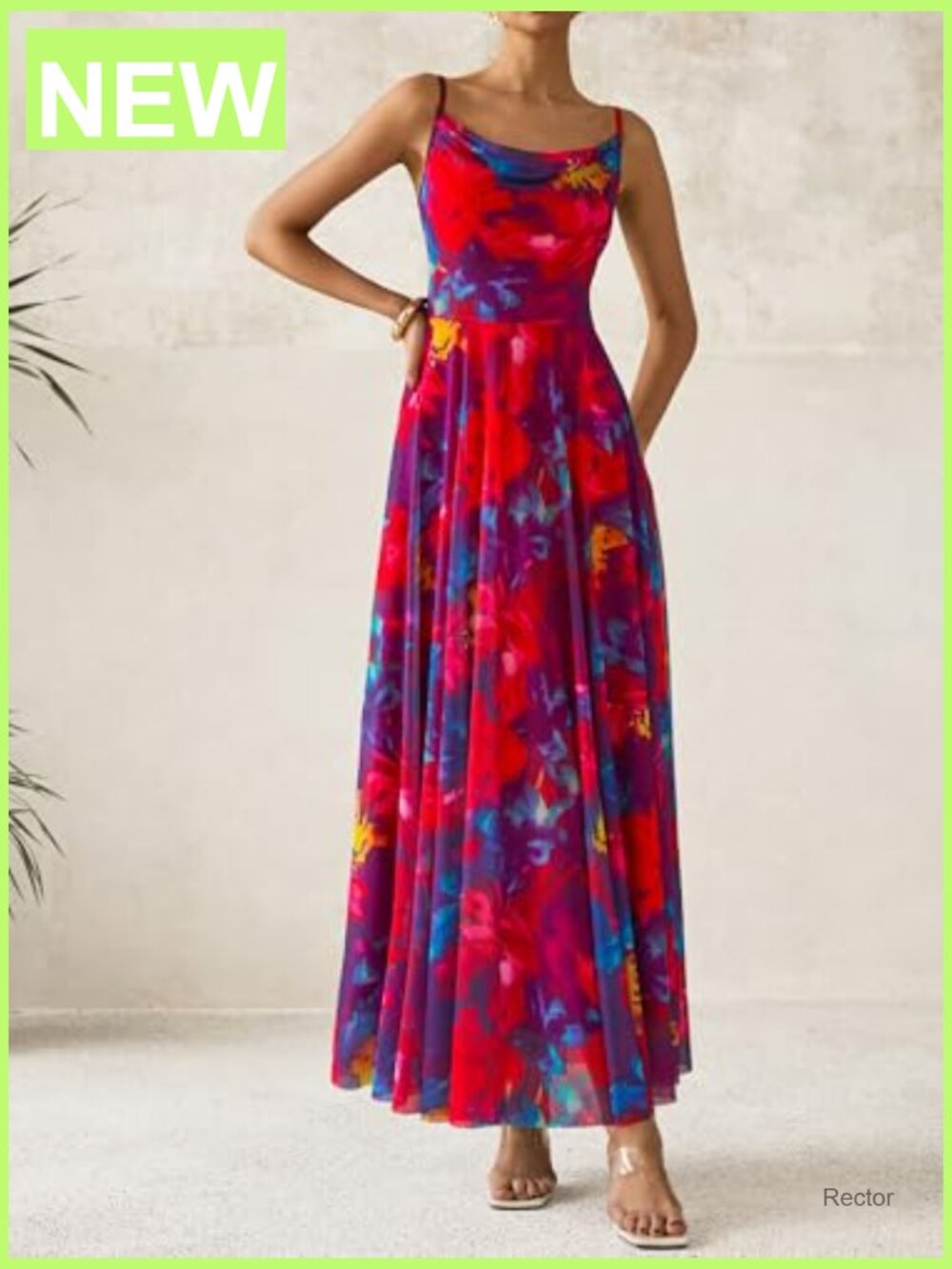 Elegant Floral Maxi Dress Spaghetti Strap Cowl Neck A-Line Summer Party - Picture 2 of 7